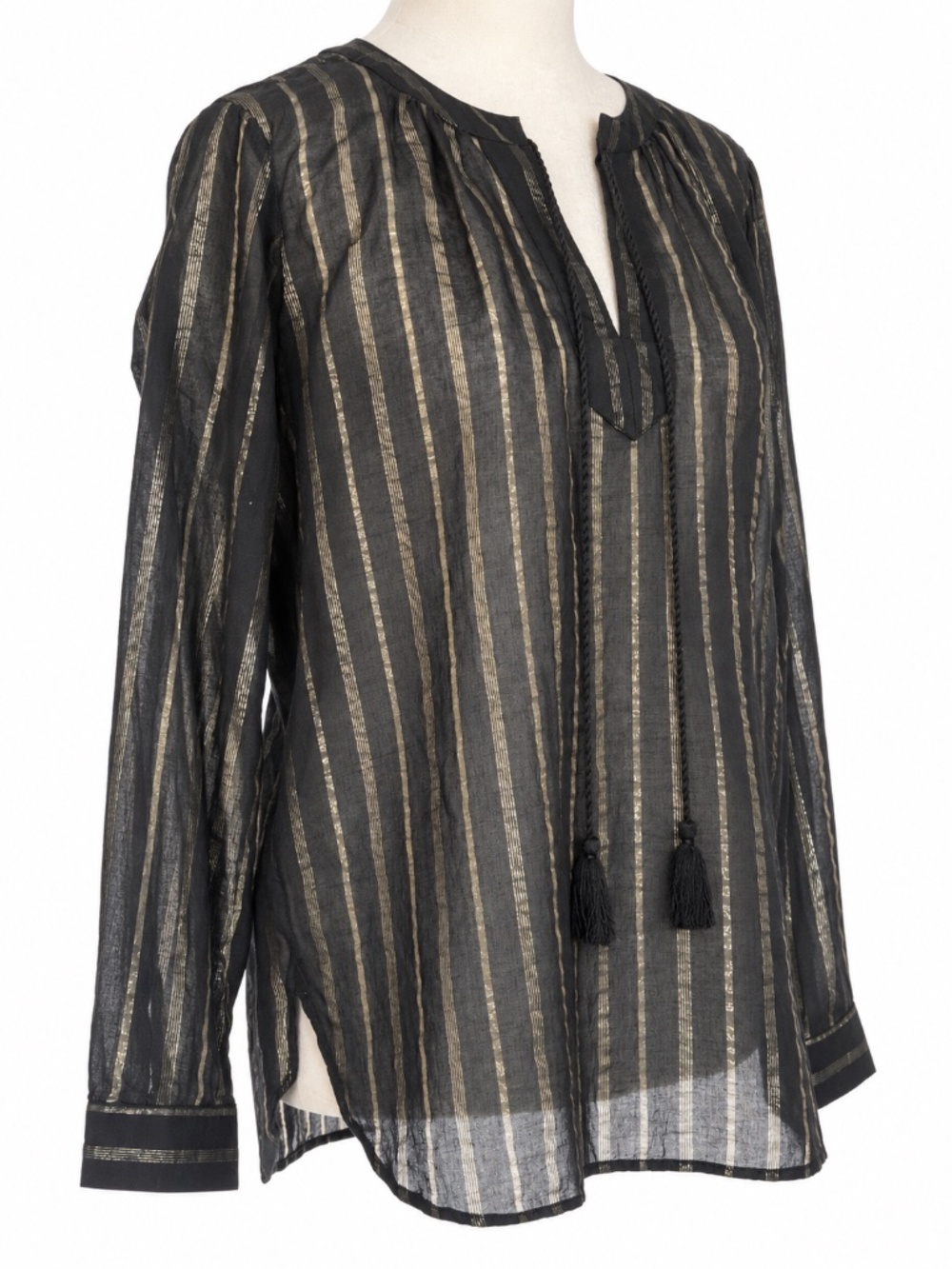 LOFT Petites SP Black Gold Metallic Stripe Sheer Tassel Tie Blouse